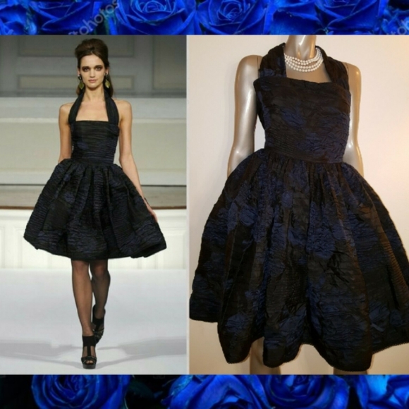 $5,000 OSCAR DE LA RENTA EXCLUSIVE BLACK BLUE SILK RUNWAY DRESS US XS - Picture 15 of 16